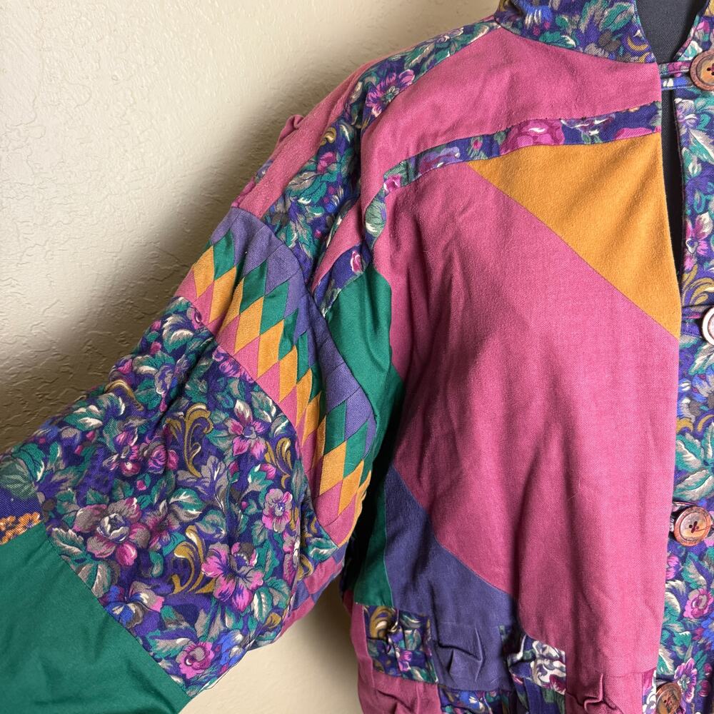 Women’s Patchwork Floral Colorblock Button Front Jacket Multicolor Boho Artsy - Picture 6 of 6